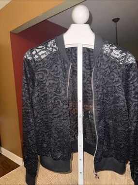 Black Lace Bomber Jacket with Ribbed Trim
